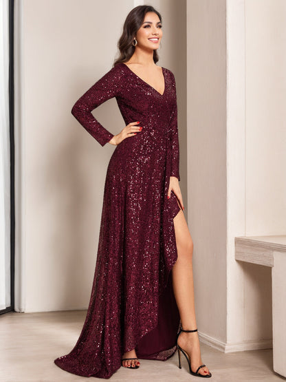 A-Line/Princess V-Neck Long Sleeves Asymmetrical Evening Dresses with Sequins