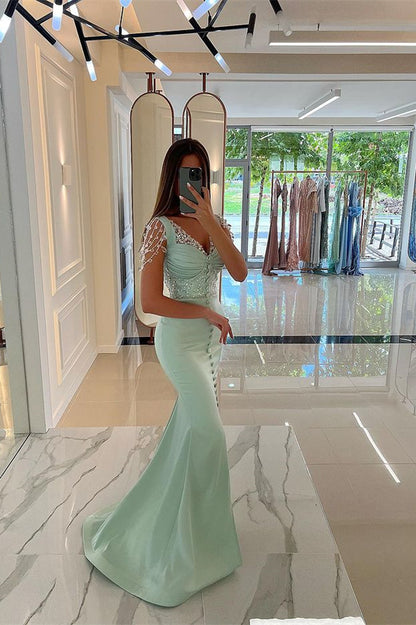 Amazing Mint Green Cap Sleeves Prom Dress Long Front Slit WIth Buttons Beads