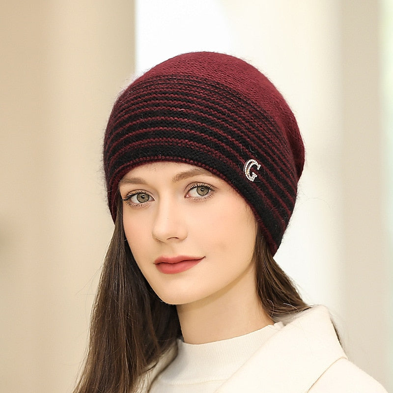 Women's Slouchy Portable Windproof Comfort Outdoor Home Daily Knit Stripe Letter Hat