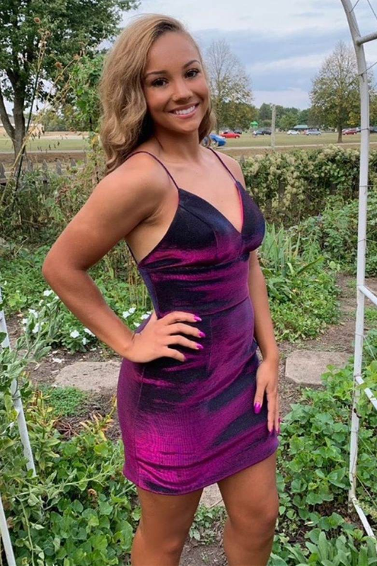 Spaghetti Straps Purple Bodycon Homecoming Dress gh1209