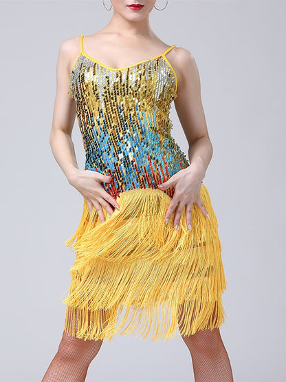 Women's Dancewera  Latin Dance Dress Tassel Splicing Paillette Women's Performance Sleeveless