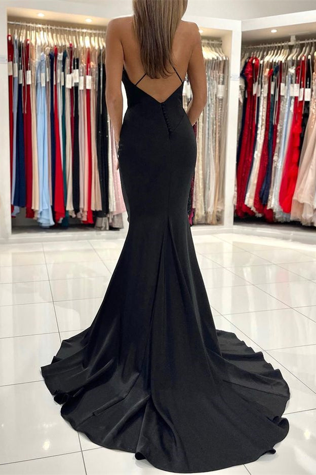 Black Spaghetti-Straps Charmeuse Mermaid Long Prom Dress  PD0679