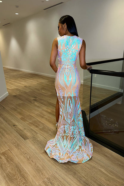 edgynewlook Crew Neck Laser Light Sleeveless Mermaid Princess Prom Dress With Split Trumpet