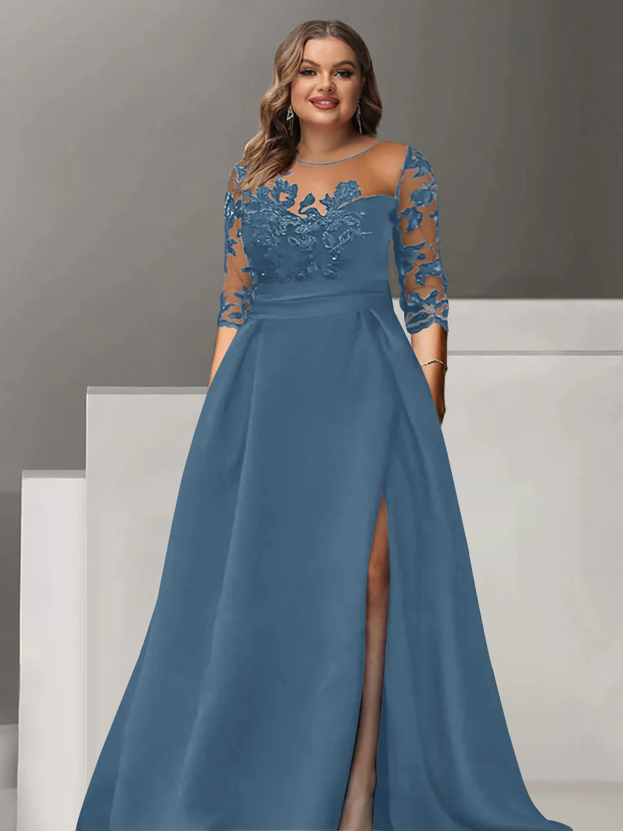 A-Line/Princess Sweetheart 3/4 Sleeves Floor-Length Plus Size Mother Of The Bride Dresses With Lace & Split Side