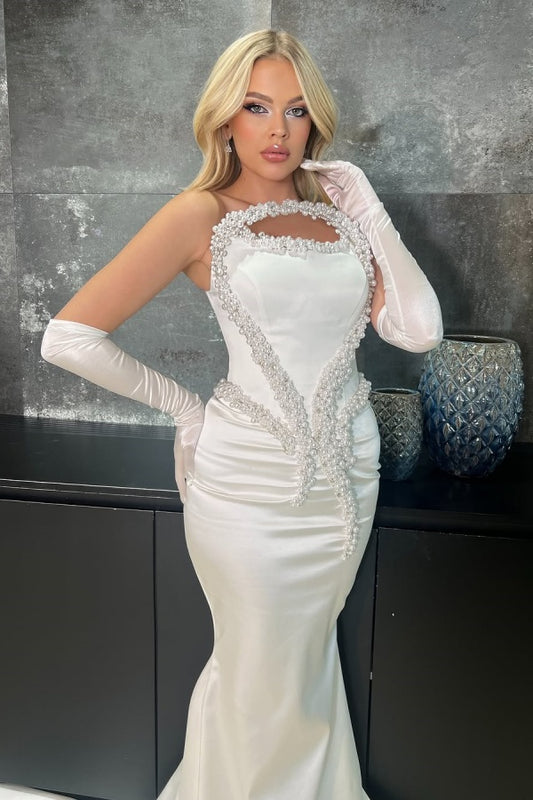 White Strapless Pearls Beaded Mermaid Prom Dress With Long Gloves ZT0488