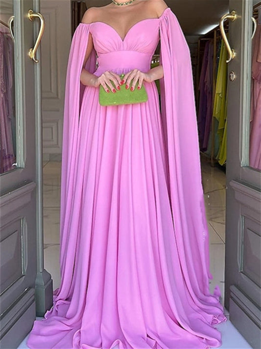 A-Line/Princess Off-the-Shoulder Floor-Length Evening Dress with Watteau Train