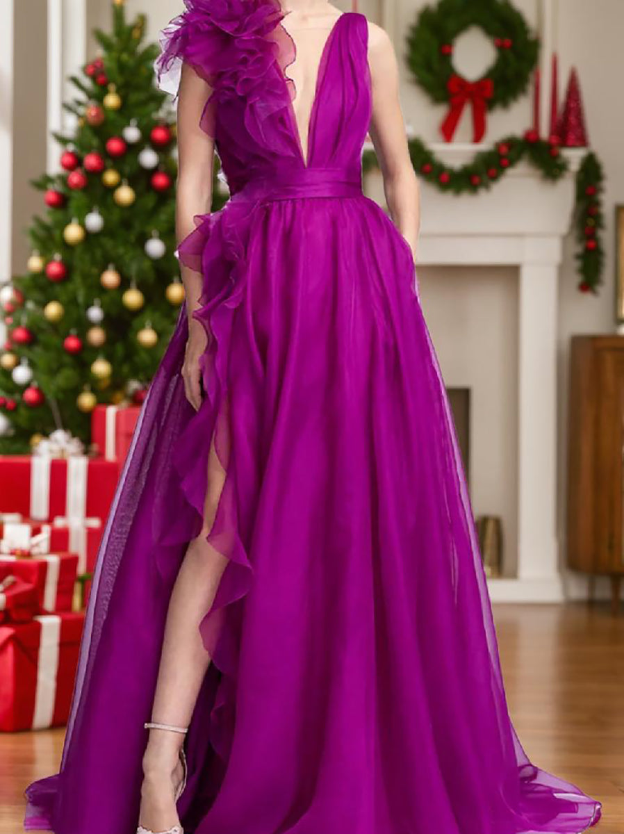 A-Line/Princess V Neck Sleeveless Floor-length Long Formal Evening Floar Dresses with Split Side