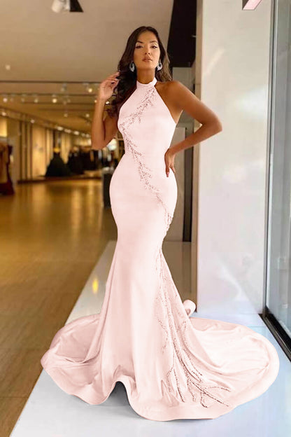 Elegant High Neck Pink Mermaid Prom Dress With Applique ED0105