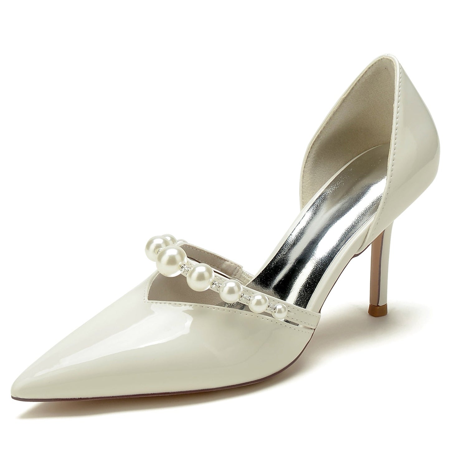 Women's Wedding Shoes Patent Leather Pearl Stiletto Pointed Toe Bridal Shoes