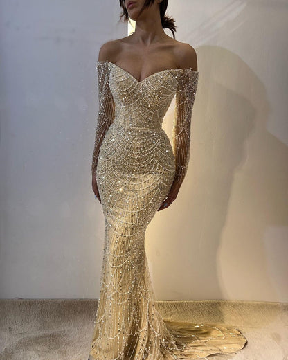 Champagne Luxurious Strapless Beaded Mermaid Prom Dress With Long Sleeves ZT0153