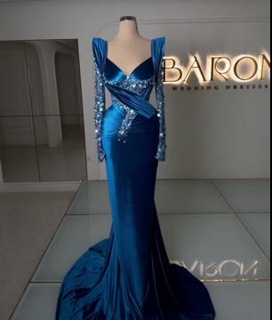 Prom Dress Royal Blue Long Sleeves Mermaid Charmeuse Beadings YL0273