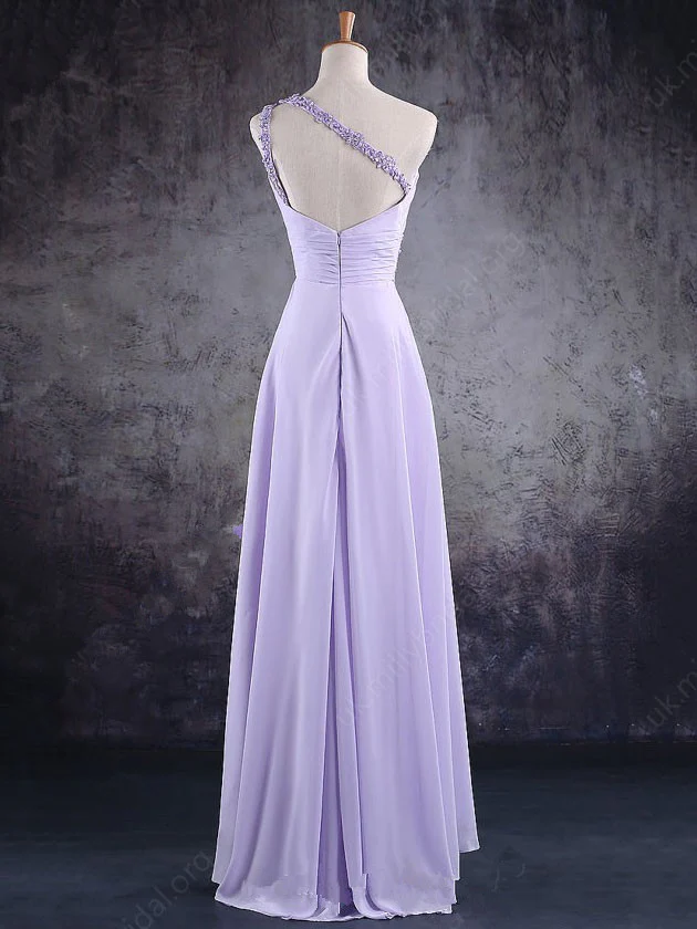 Light Purple One Shoulder Lace Applique Chiffon Party Dress, A-Line Bridesmaid Dress gh112