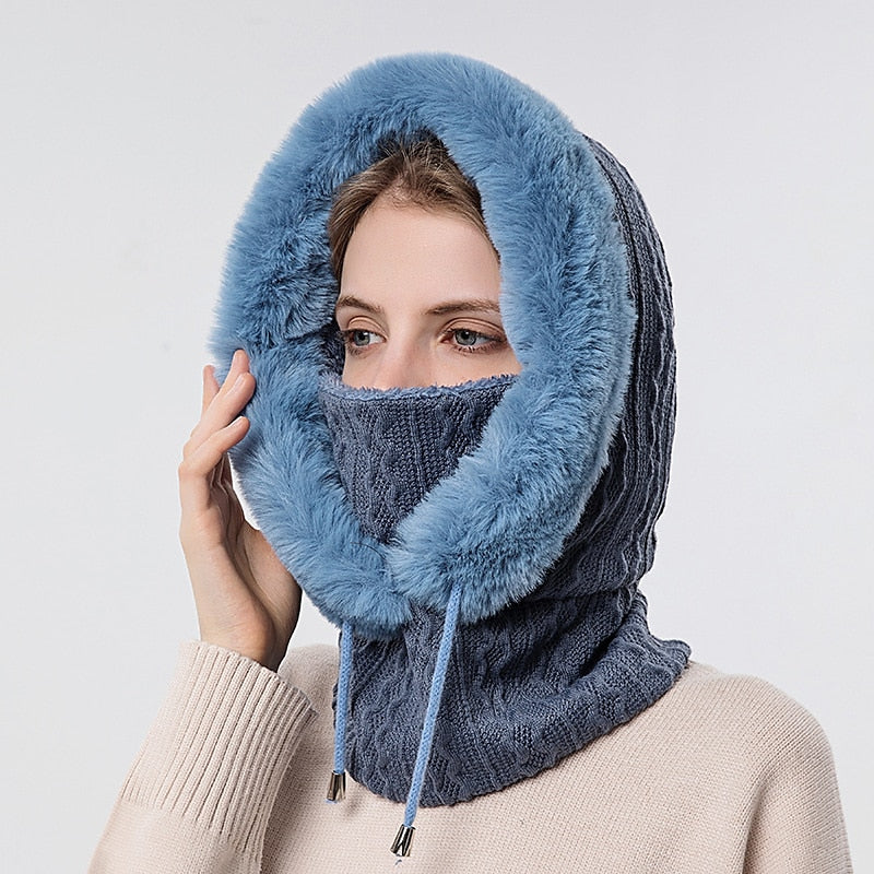 Women's High Quality Winter Hooded Knitted Cashmere Neck Warm Outdoor Ski Windproof Hat Thick Plush Fur Cap Mask Set