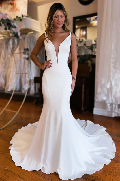 Simple White Mermaid Backless Boho Wedding Dress gh2635