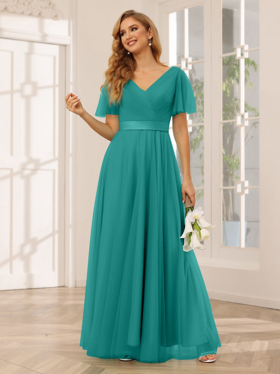 A-Line/Princess V-Neck Short Sleeves Floor-Length Long Bridesmaid Dresses with Lace