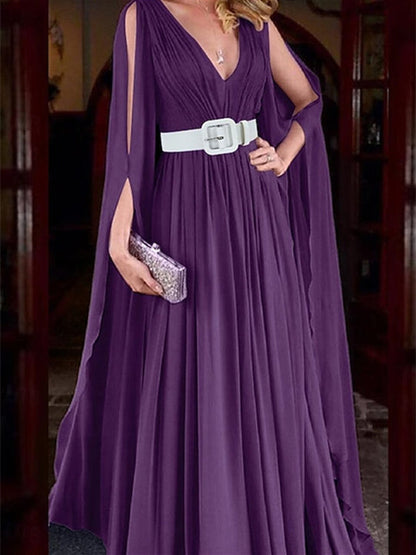 A-Line Floor Length Long Sleeve V Neck Wedding Guest Dresses  Chiffon with Belt