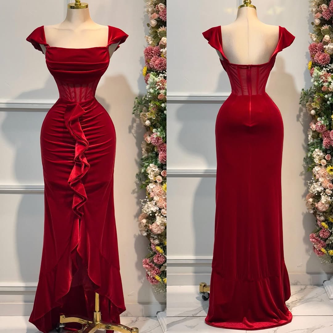 Red Ruffles Pleated Velvet Cup Straps Prom Dress ZT0462