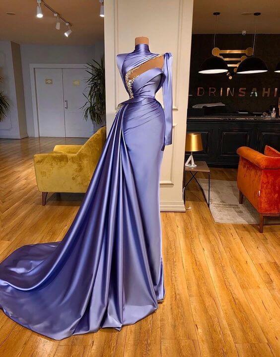 High Neck Long Sleeves Mermaid Prom Dress Beadings With Ruffles  PD0689