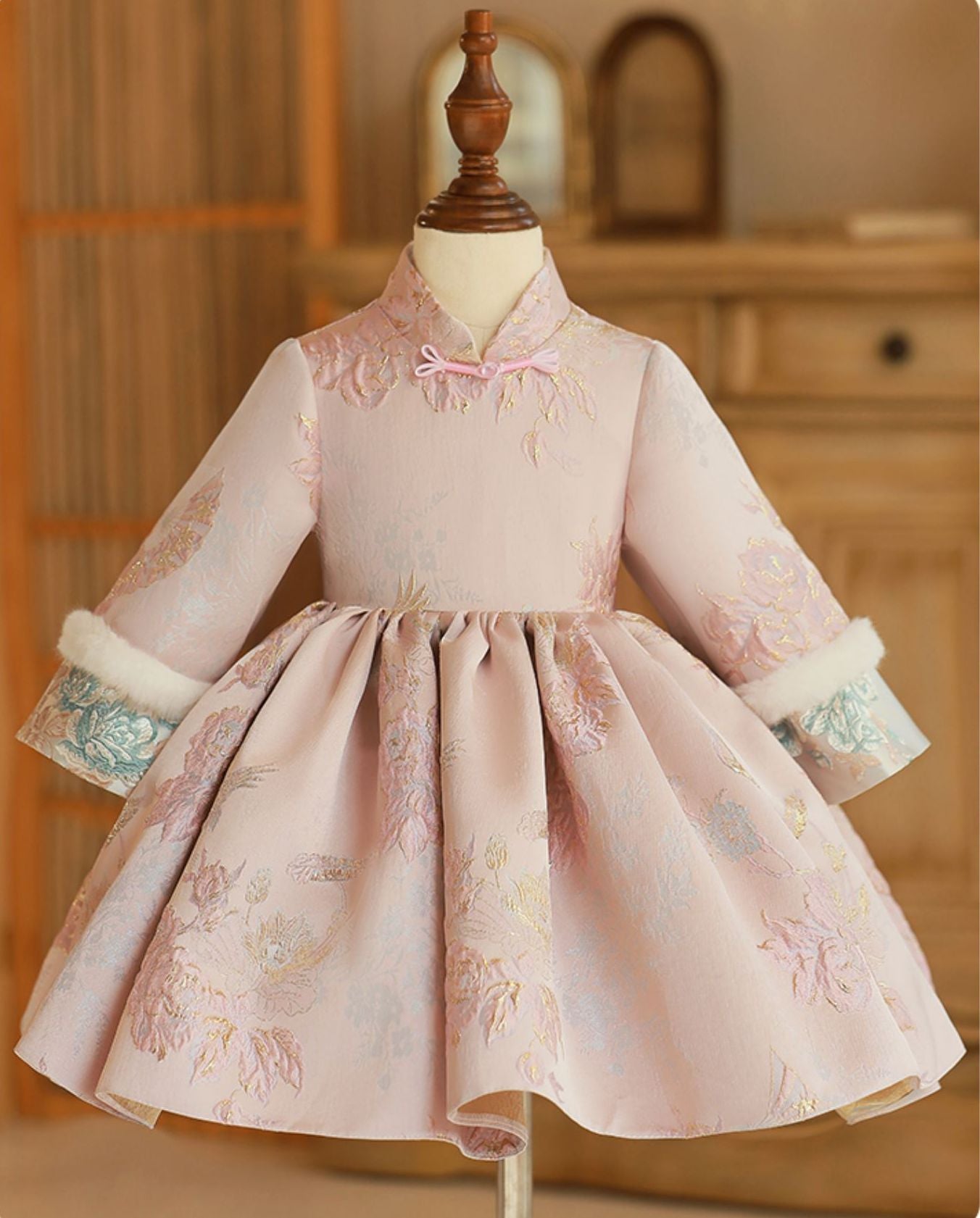 Tea Length High Neck Winter Long Sleeves Embroidery Baby Girl Dress with removed Scarf