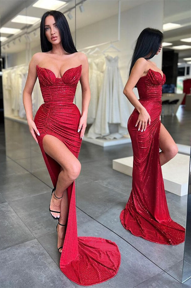 Burgundy Sleeveless Long Sequins Mermaid Prom Dress With Split ED0217