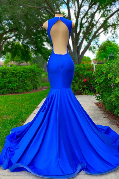 Royal Blue Mermaid Prom Dress Sleeveless Sexy Cut Out Appliques YL0100