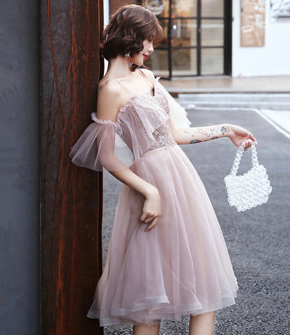 Pink tulle lace short prom dress homecoming dress  8851