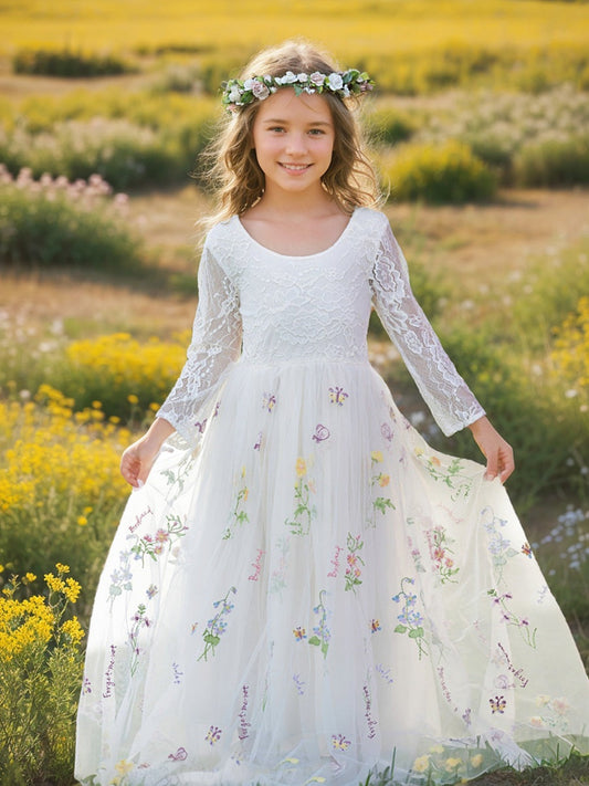 Floral Lace Embroidered Tulle A-Line Full-Length Garden Flower Girl Dress