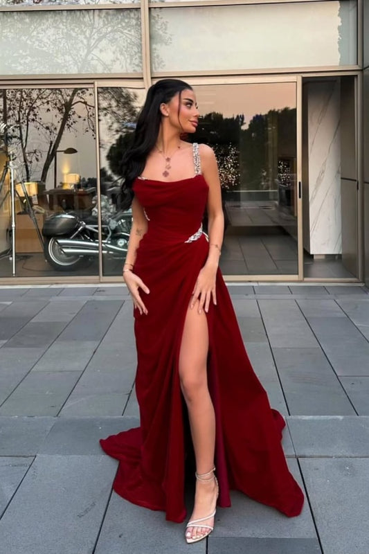 Fascinating Red Beaded Prom Dress With Pleated Split ZT0023