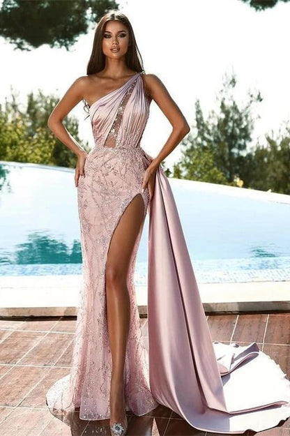 Elegant Pink One Shoulder Long Mermaid Prom Dress Beads With Split ED0516