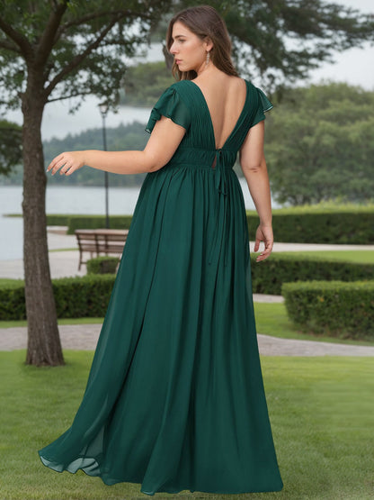 A Line/Princess Deep V-Neck Short Sleeves Floor-Length Plus Size Bridesmaid Dresses with Split Side