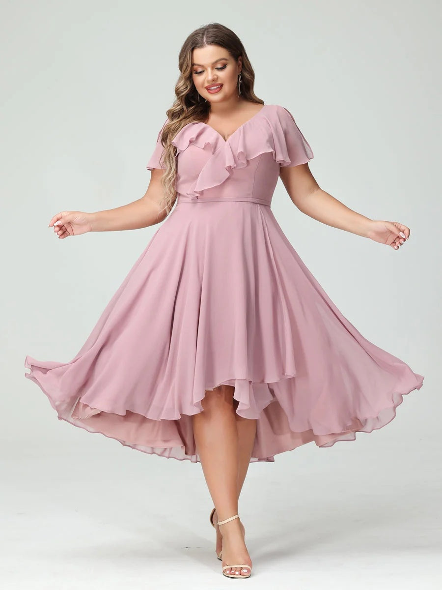 A-Line/Princess V-Neck Short Sleeves Chiffon High-Low Plus Size Bridesmaid Dresses with Pockets & Ruffles