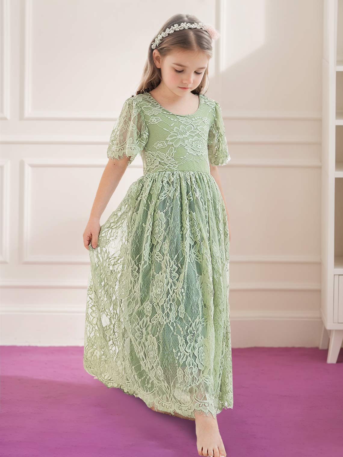 A-line Lace Ankle-length Ivory Boho Flower Girl Dress