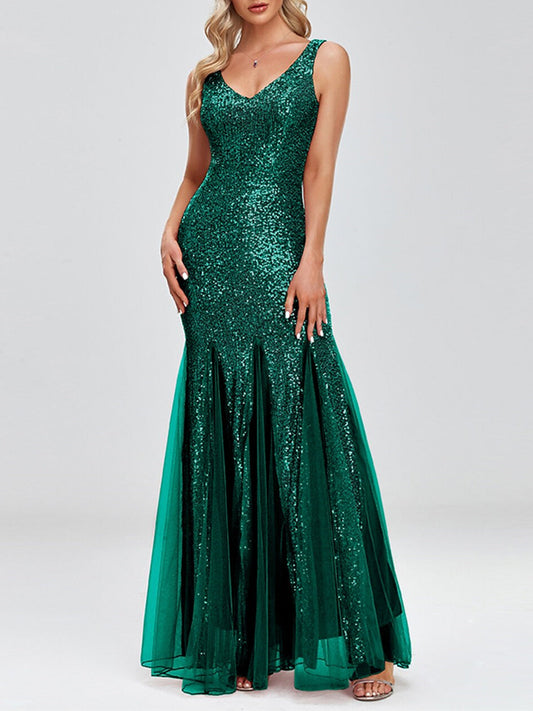 Trumpet/Mermaid Sleeveless V-Neck Sparkle Dress Evening Dresses With Sequin