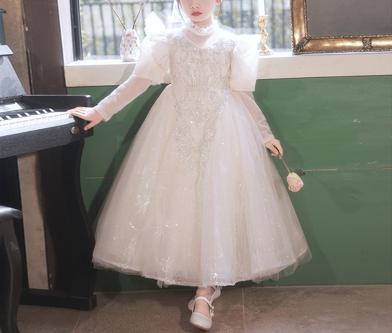 A-Line/Princess Long Sleeves Flower Girl Lace Dresses with Rhinestone Appliques