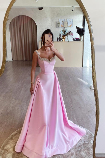 edgynewlook Beautiful Pink Satin Sleeveless Spaghtti Strap Long Prom Dress with Beadings