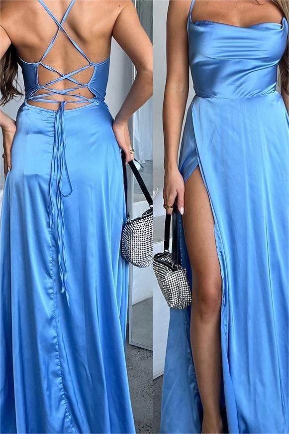 edgynewlook Stunning Sky Blue Satin Sleeveless Spaghetti Strap Long Split Prom Dress