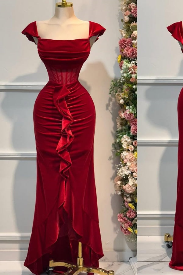 Red Ruffles Pleated Velvet Cup Straps Prom Dress ZT0462