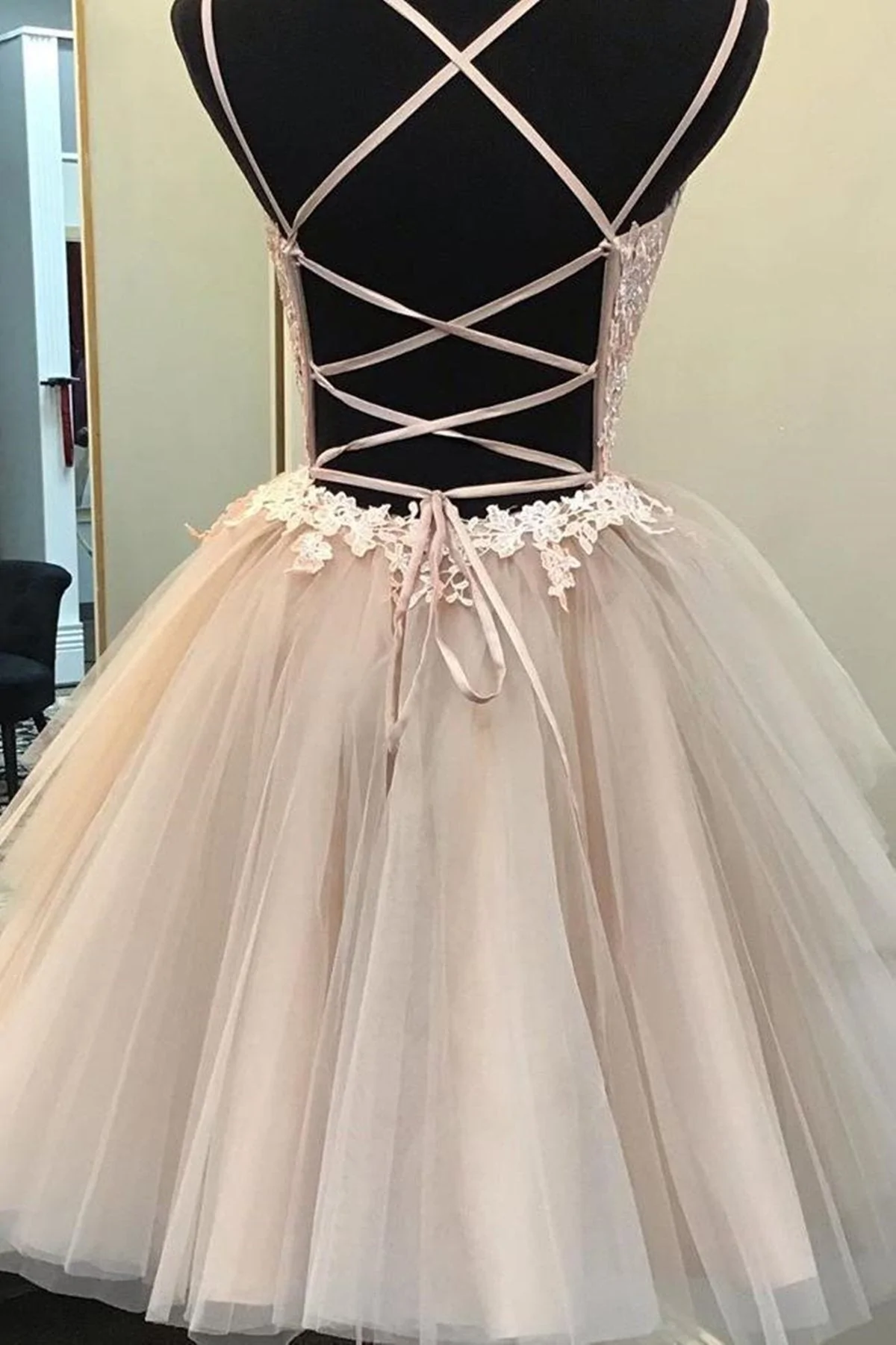 Short Backless Champagne Lace Prom Dresses, Short V Neck Champagne Lace Graduation Homecoming Dresses  gh1763