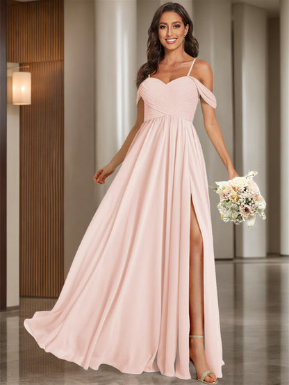 A Line /Princess Off Shoulder Sweetheart  Sleeveless Floor Length Bridesmaid Dresses Chiffon with Pockets Slit