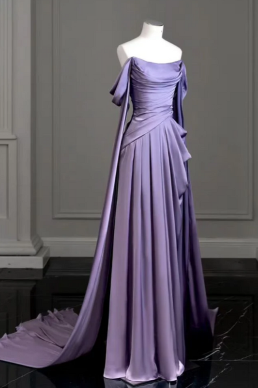 Purple Off-The-Shoulder Pleated Long Prom Dress With Trailing On Both Sides ZT0580