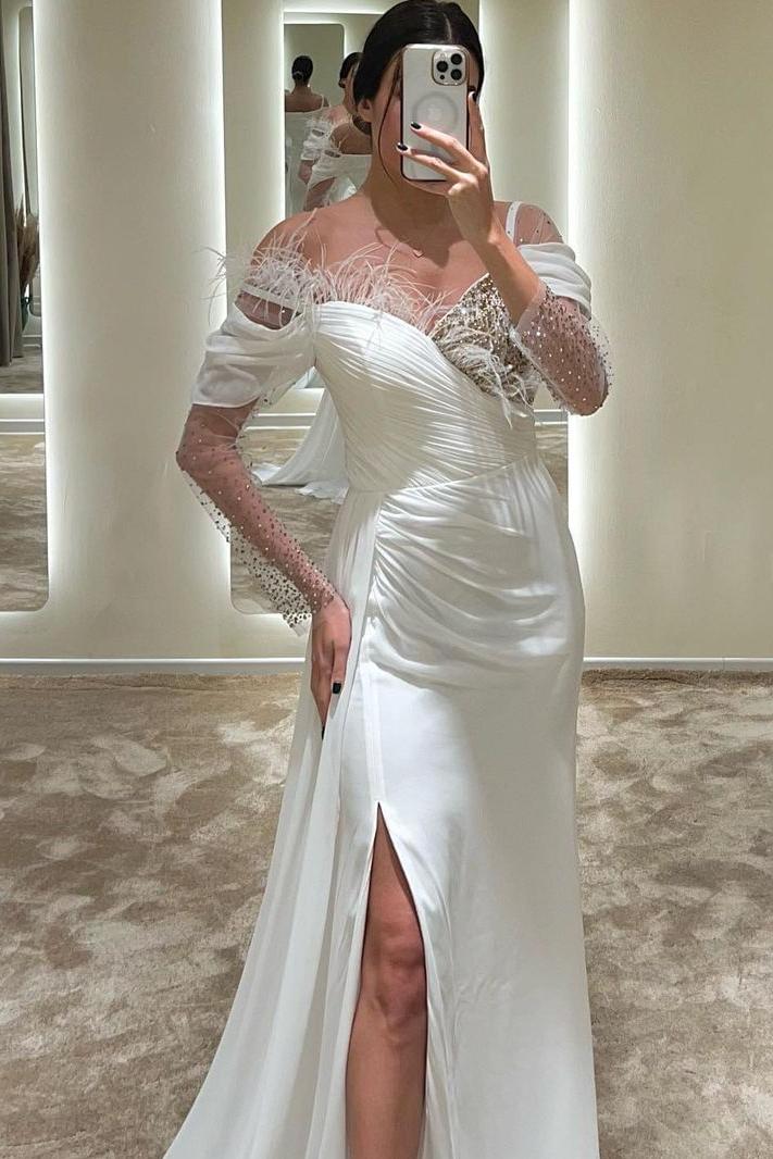 edgynewlook Charming White Chiffon Off the Shoulder Long Sleeves Sequins Prom Dress with Feathers