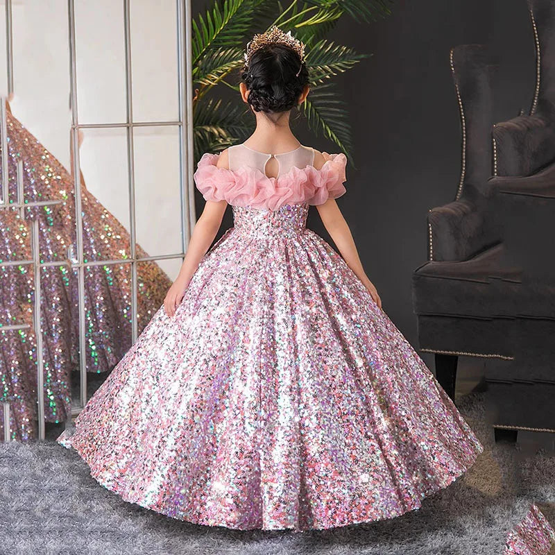 Long Sleeves Ball Gown Round Neck Flower Girl Party Dress with Ruffles