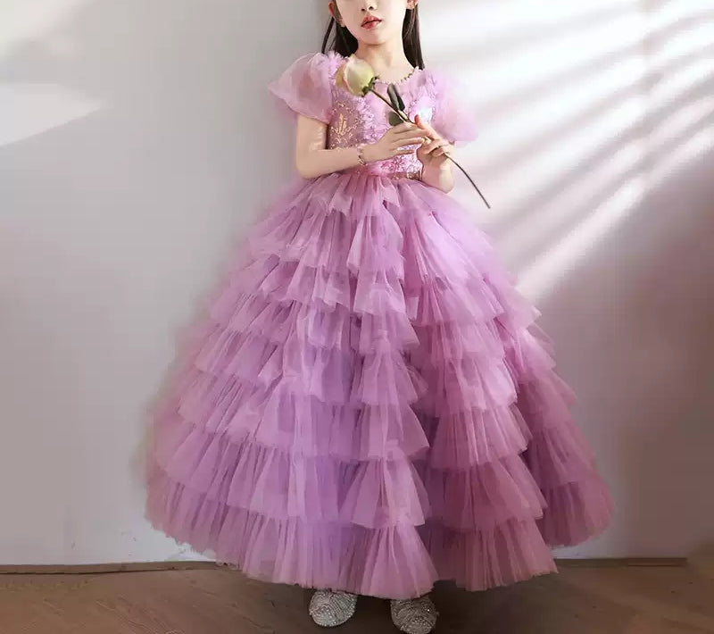 Ball Gown Short Sleeves Layered Girl Party Dresses with Rhinestone Appliques