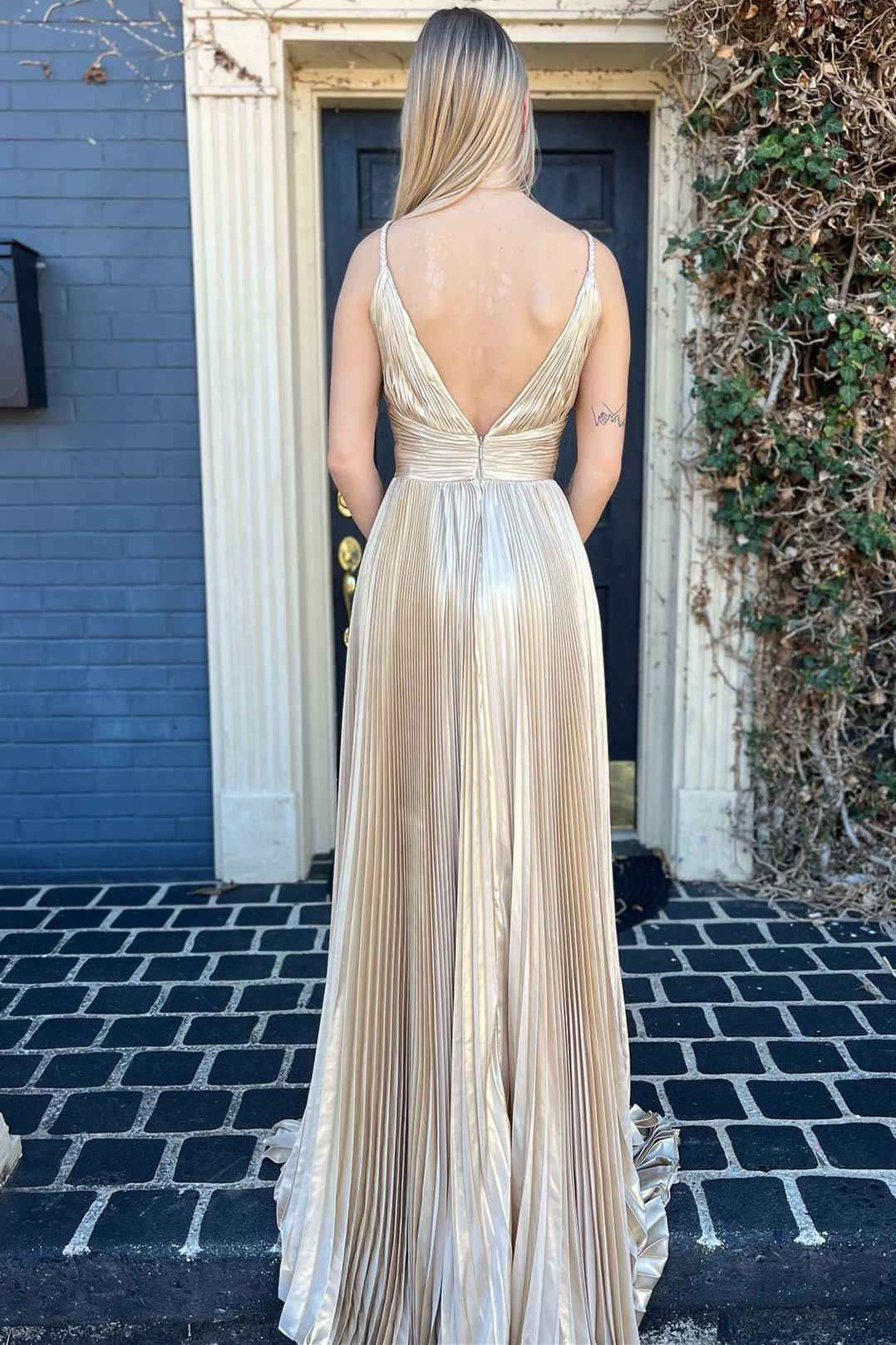 Barbara | Plunging V-Neck Gold Pleated Long Prom Dress