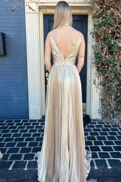 Barbara | Plunging V-Neck Gold Pleated Long Prom Dress