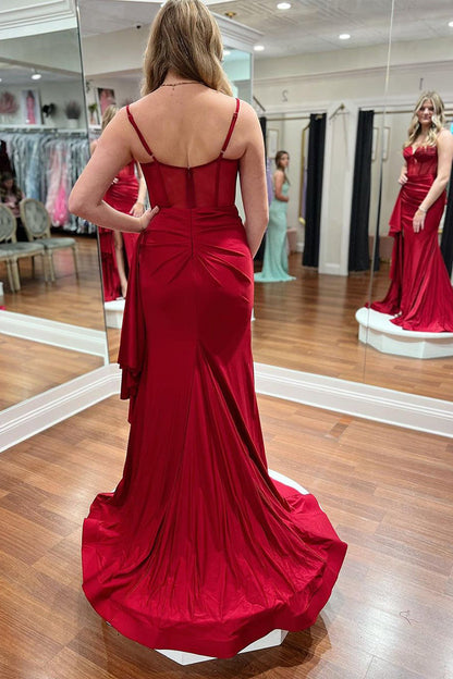 Dark Red Sweetheart Satin Mermaid Long Prom Dresses with Slit