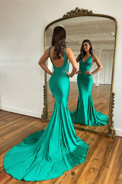 Green Prom Dress Wide Shoulder V Neck Long Mermaid Beads YL0117