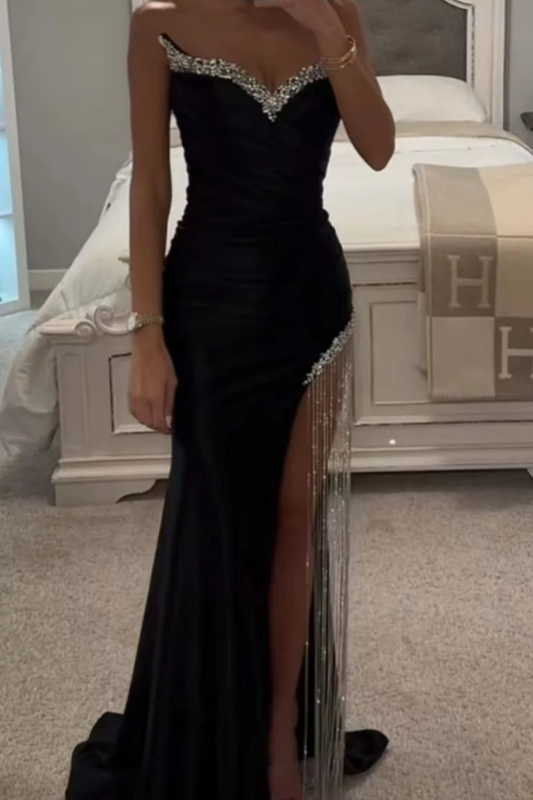 Black Sequin Prom Dress Long Cowl Neck High Slit YH0043