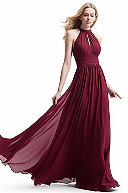 Chiffon Prom Dress Halter Purple Sleeveless Long Pleated XF09