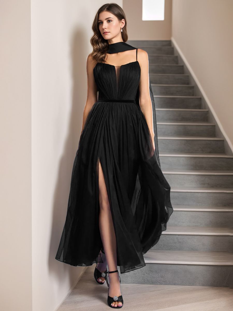 A-Line/Princess Spaghetti Straps Sleeveless Ankle-Length Ruched Evening Dresses with High Split